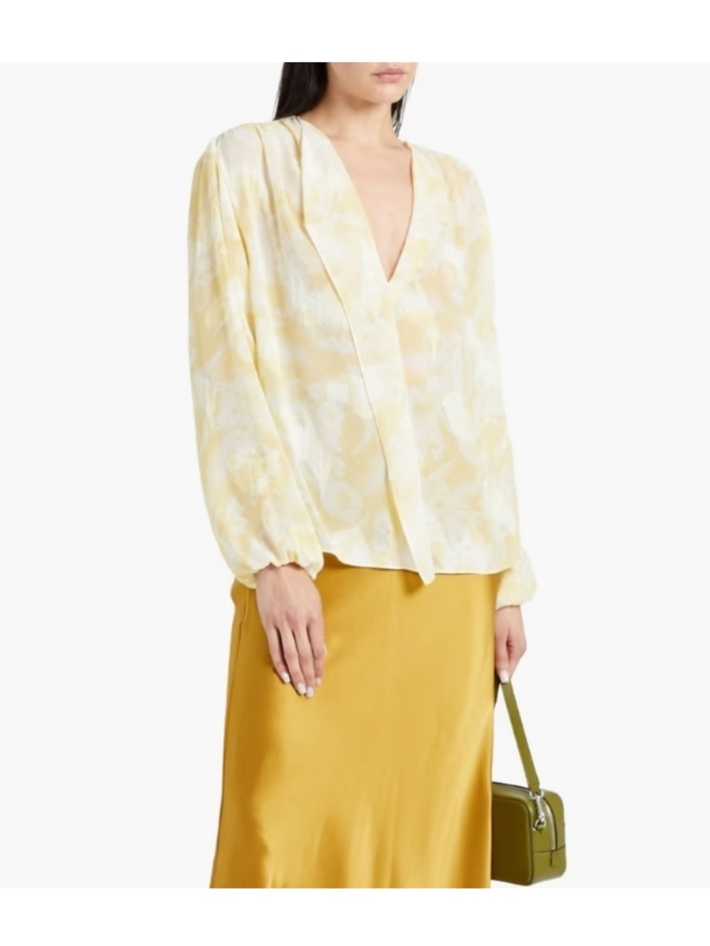 Vince Butter Yellow Sheer Floral-Print Jacquard V-Neck Blouse